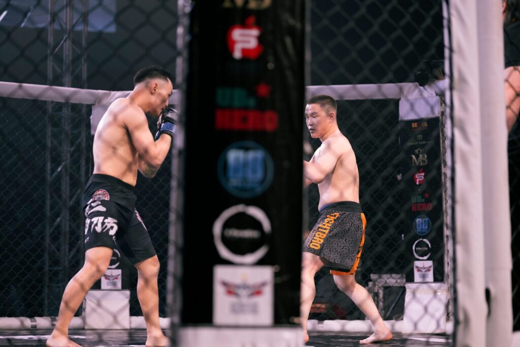 Dois lutadores de MMA em combate dentro de um octógono, imagem ilustrativa