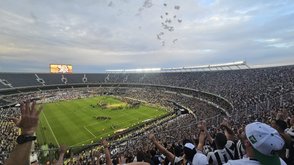Torcedores do Botafogo comemoram no Estádio Monumental durante a final da Libertadores 2024