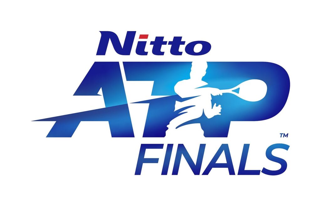 Logo oficial do Nitto ATP Finals, silhueta de tenista azul em fundo branco
