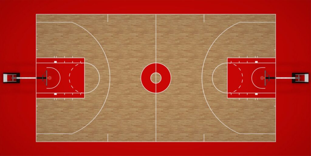 Ilustração de quadra de basquete estilo NBA vista de cima (Imagem ilustrativa genérica de quadra de basquete, sem relação com jogadores ou trocas específicas.)