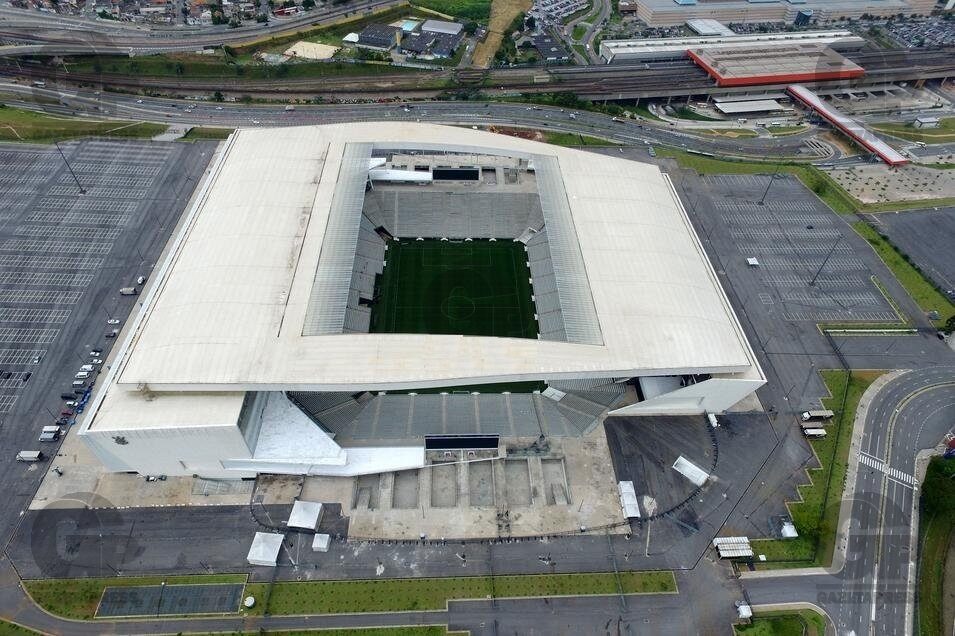 Vista aérea da Arena Corinthians, em Itaquera, na Zona Leste de São Paulo (Foto de arquivo: vista aérea da Arena Corinthians, 2014.)